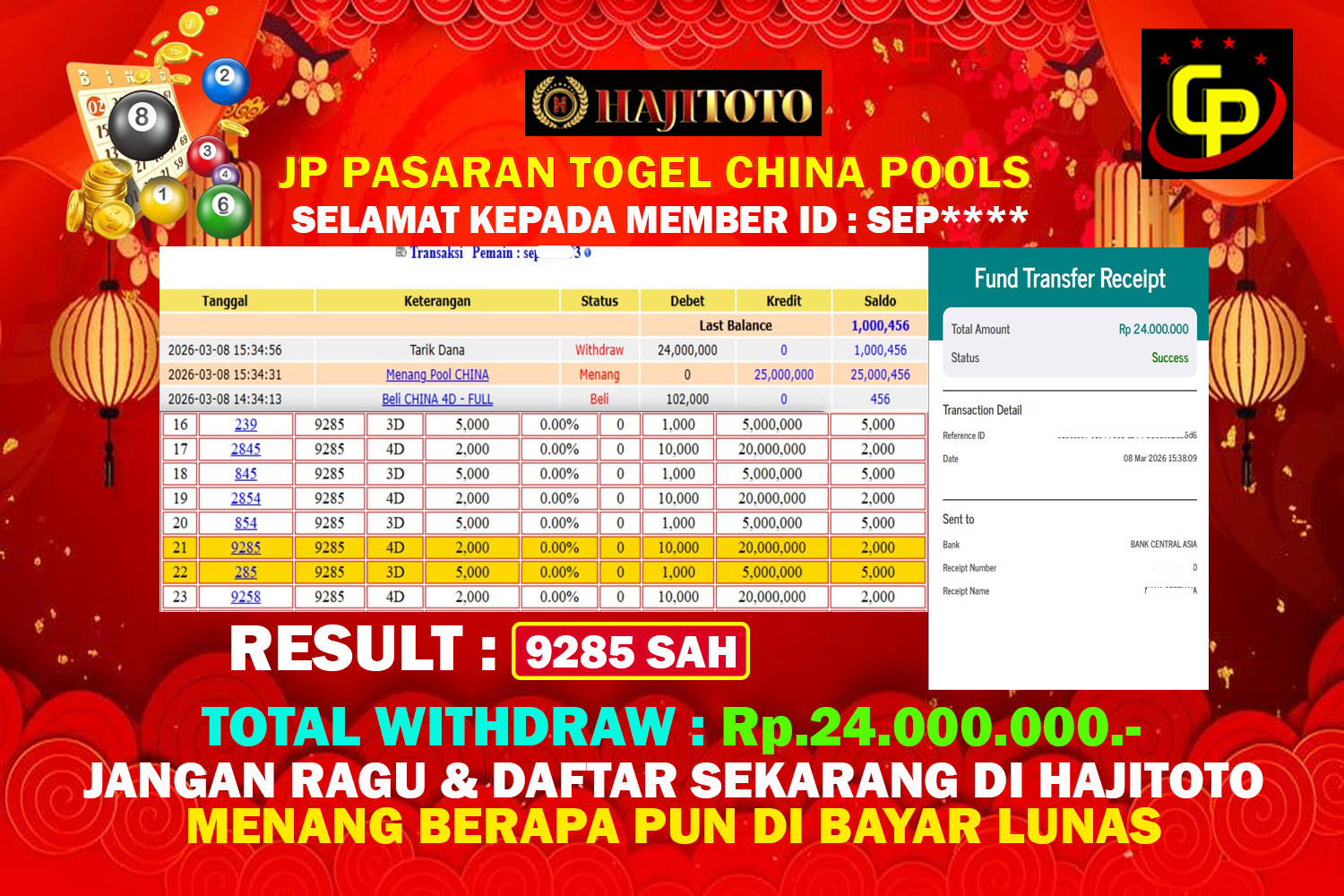 SELAMAT KEPADA PEMENANG MEMBER MERAIH JACKPOT DI GAME TOGEL CHINA POOLS TOTAL RP 24.000.000 DI BAYAR LUNAS